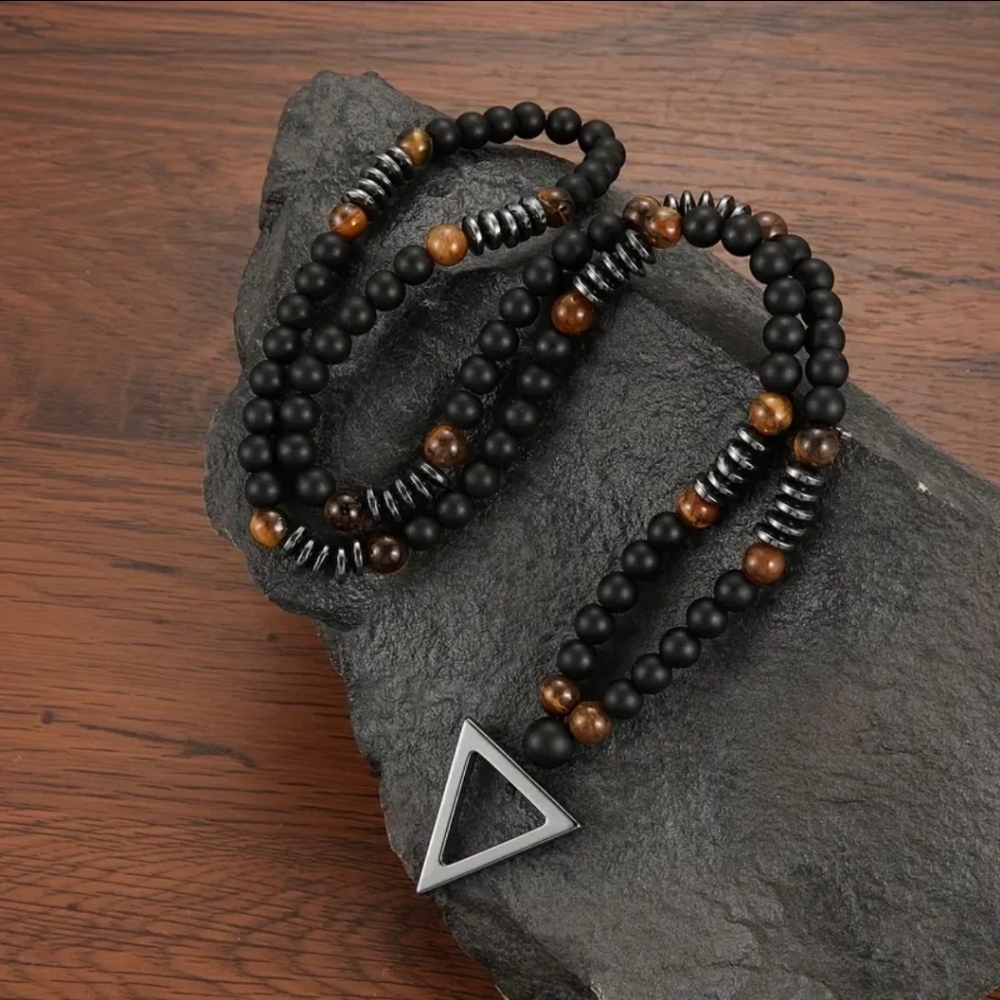 Men's Black & Brown Beaded Triangle Pendant Necklace